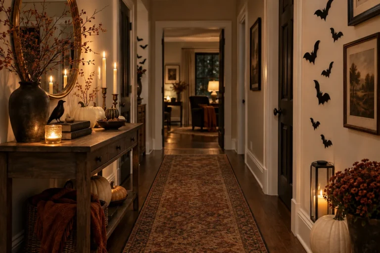 Elegant residential hallway decorated for Halloween with black bats, ivory pumpkins, warm lighting, and a rust runner