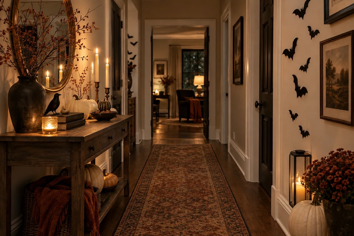 Elegant residential hallway decorated for Halloween with black bats, ivory pumpkins, warm lighting, and a rust runner