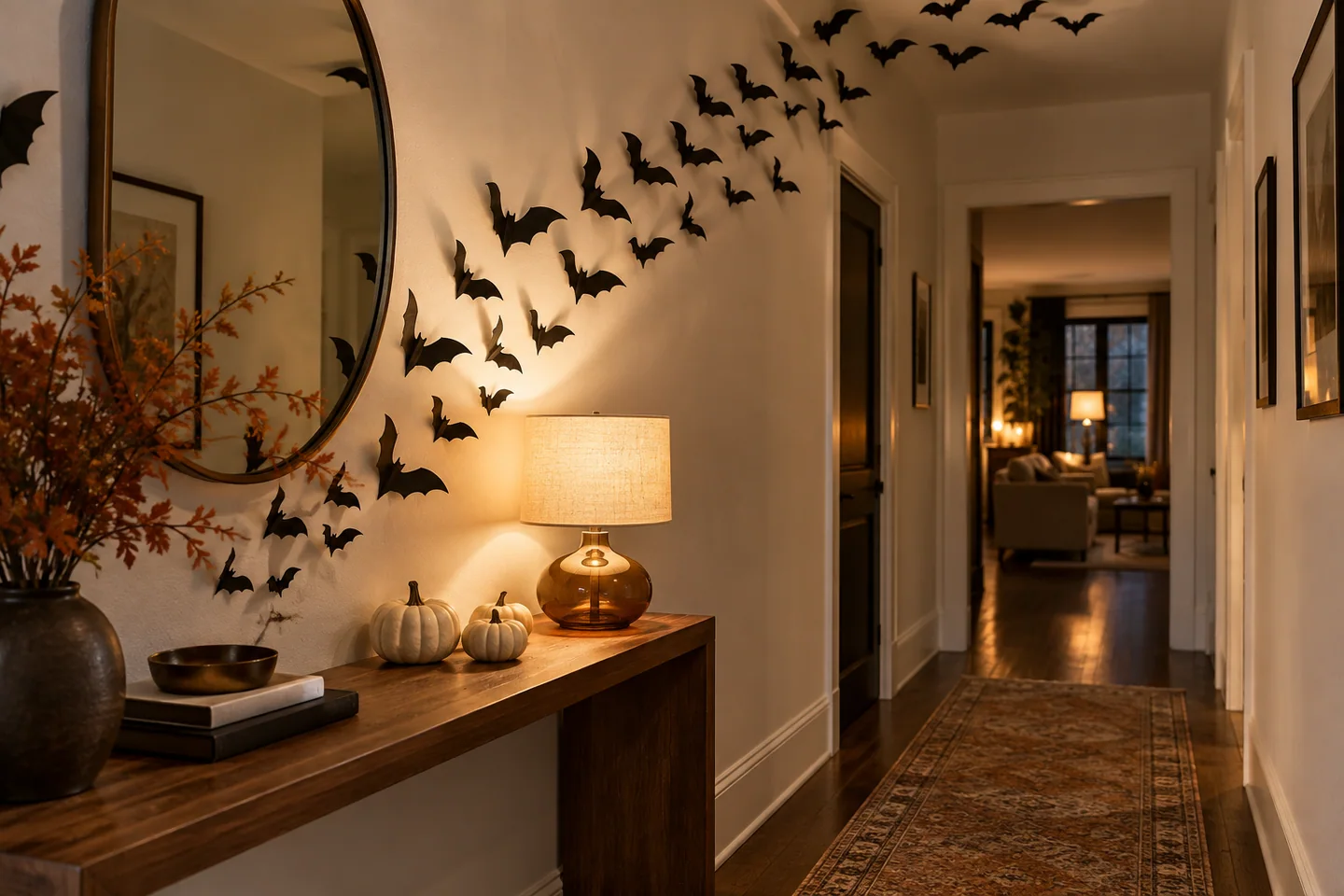 10 Halloween Hallway Ideas 2 Black paper bats sweeping across a warm neutral hallway wall above a slim wood console