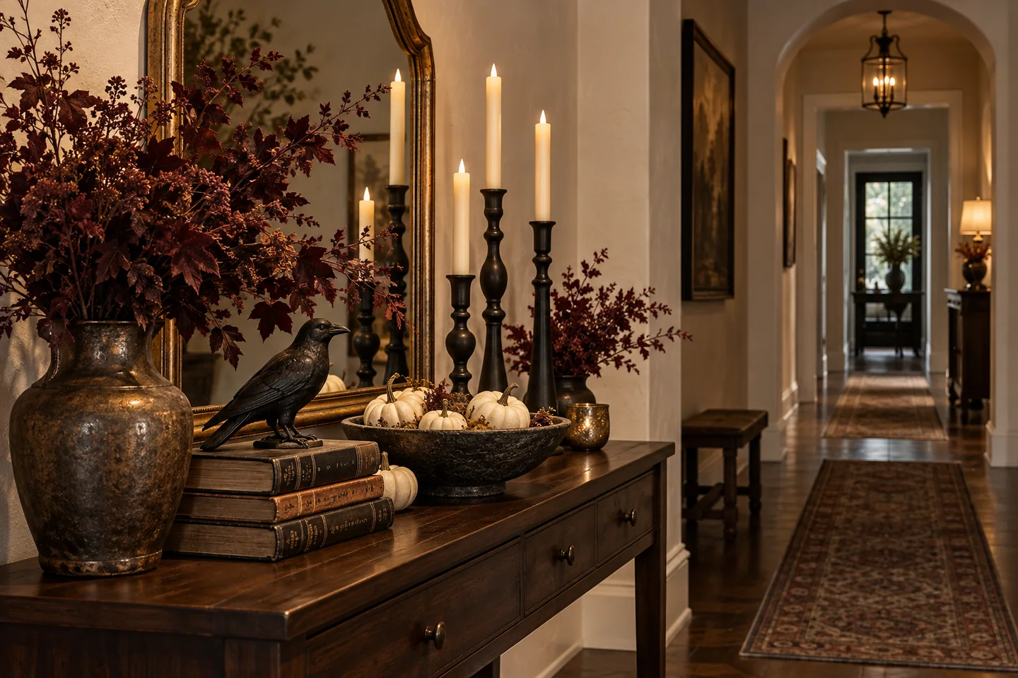 10 Halloween Hallway Ideas 3 Moody Halloween console vignette with flameless tapers, ivory pumpkins, antique books, and a black raven