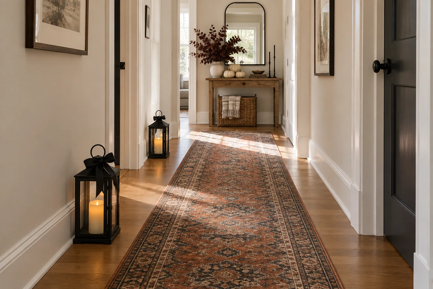 10 Halloween Hallway Ideas 4 Narrow hallway anchored by a rust and charcoal vintage-style runner with black lanterns