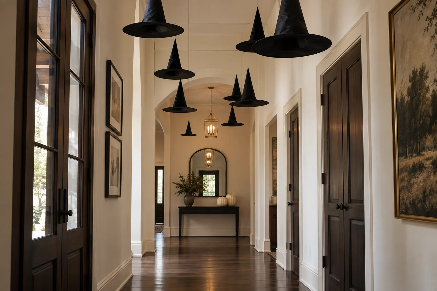 10 Halloween Hallway Ideas 5 Matte black witch hats suspended high above a clear elegant residential hallway