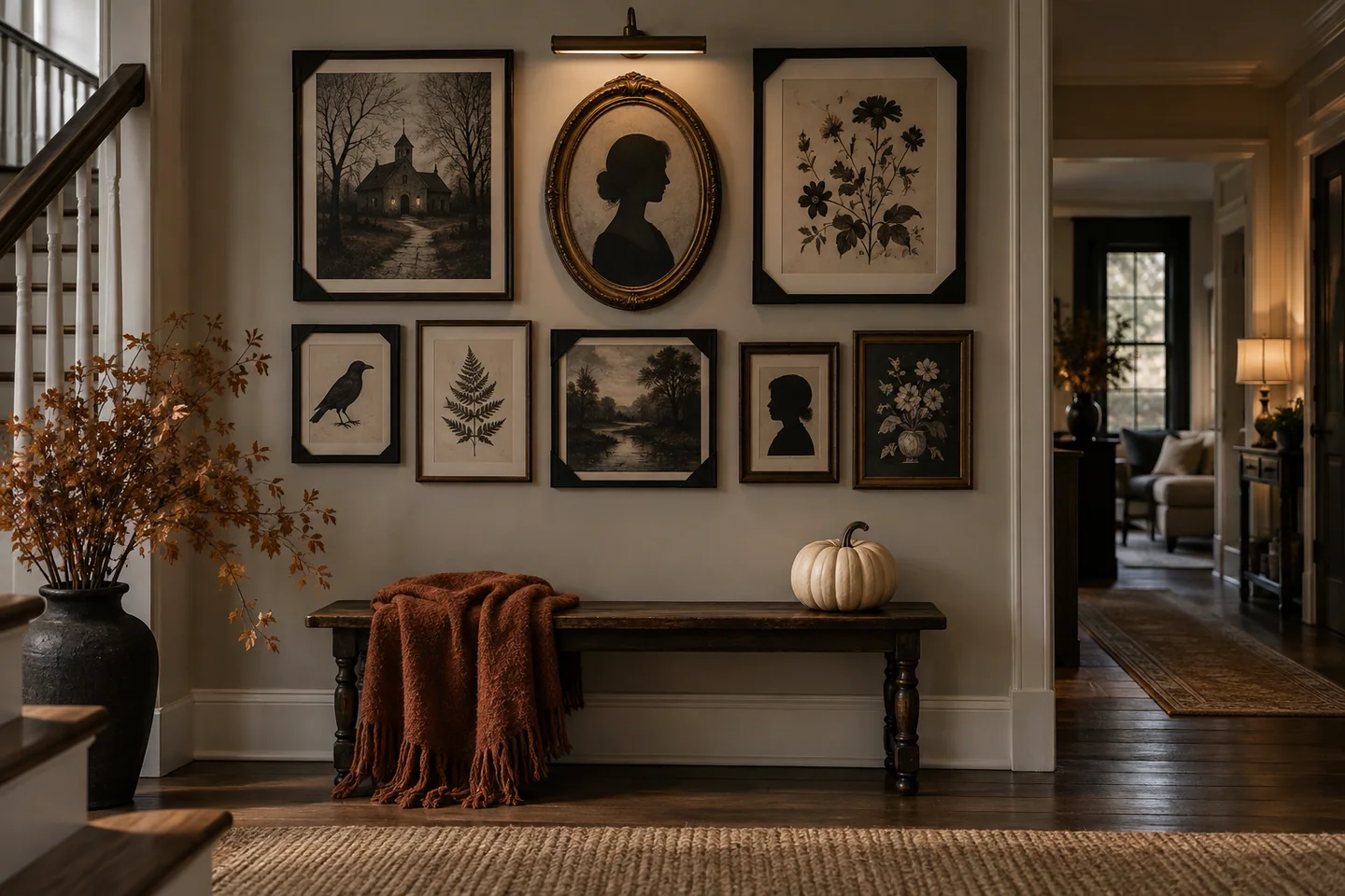10 Halloween Hallway Ideas 6 Halloween gallery wall with black and white silhouettes, botanical art, and a rustic hallway bench