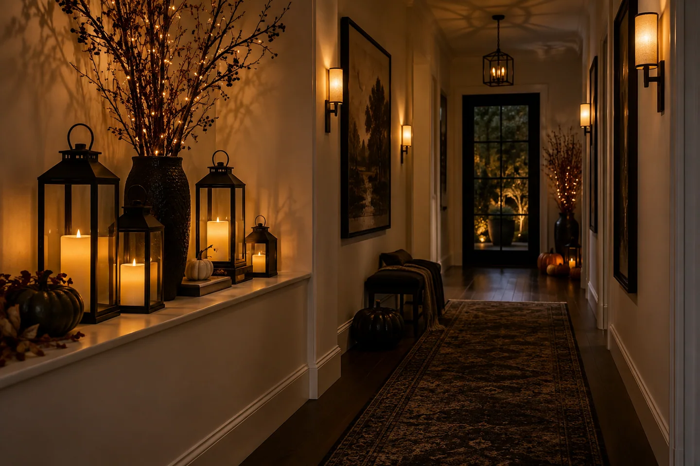10 Halloween Hallway Ideas 7 Moody hallway lit by flameless lanterns and warm micro-lights woven through bare branches
