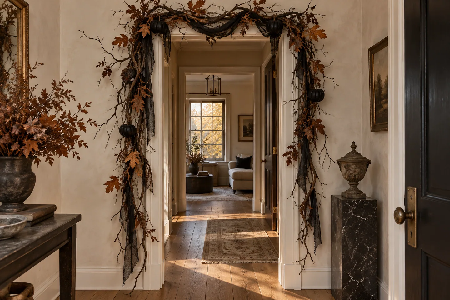 10 Halloween Hallway Ideas 8 Doorway framed by an organic Halloween garland of branches, rust leaves, black ribbon, and mini pumpkins