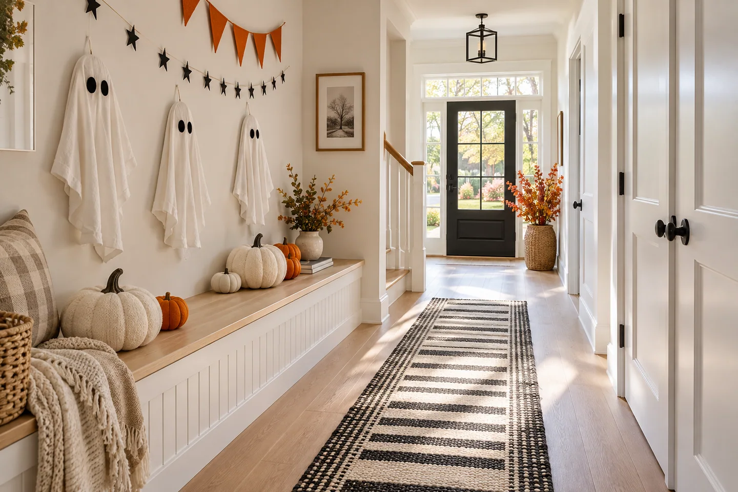 10 Halloween Hallway Ideas 9 Bright family hallway decorated with friendly white fabric ghosts, black stars, and orange pennants