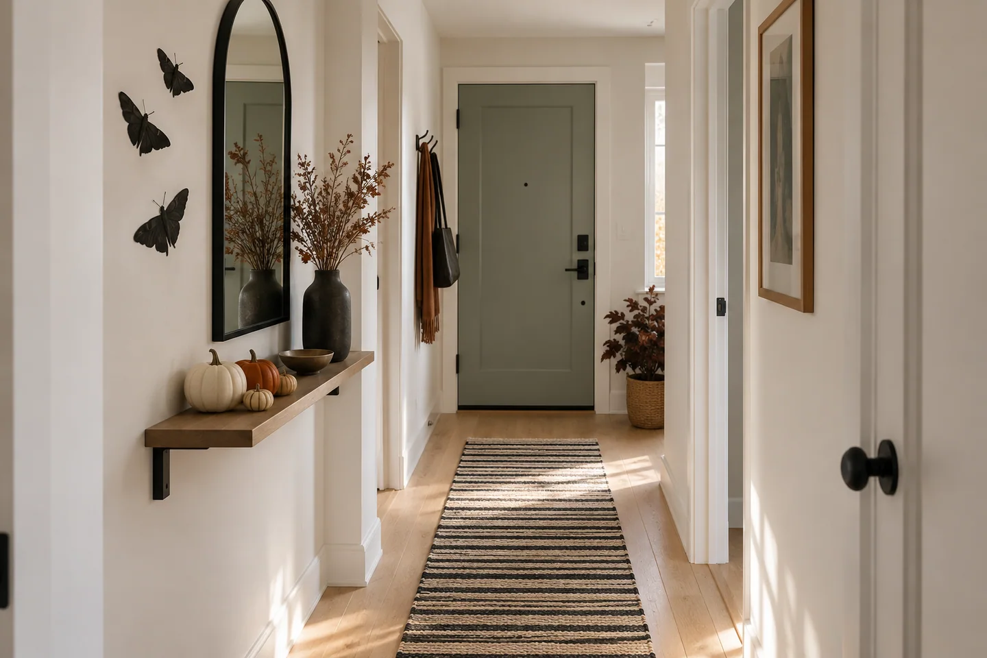 10 Halloween Hallway Ideas 10 Small apartment hallway with a floating shelf, black mirror, pumpkins, branches, and moth silhouettes