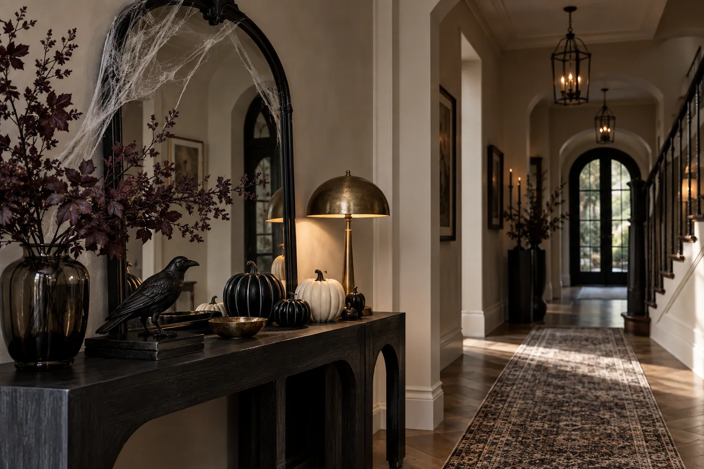 10 Halloween Hallway Ideas 11 Elegant gothic-neutral hallway console with black pumpkins, brass lamp, dark branches, and faux web